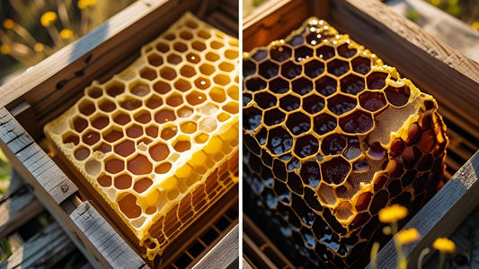 Side-by-side close-up of yellow and dark honeycomb pieces on a wooden board