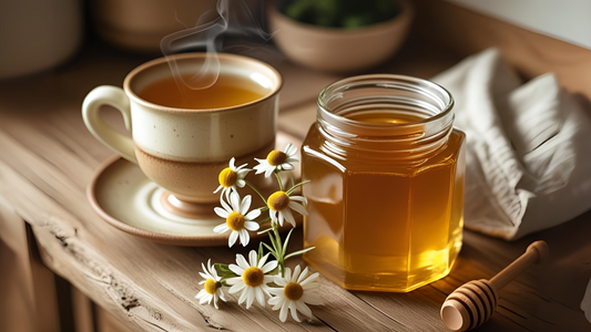 Jar of honey next to blooming flowers and a tissue box on a rustic table