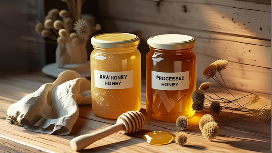 Two jars of honey labeled raw and processed with visible color and texture differences