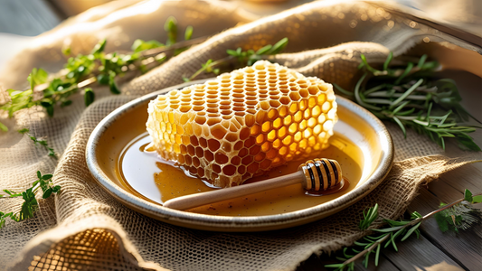 Close-up of golden honeycomb pieces on a rustic wooden plate with drizzled honey