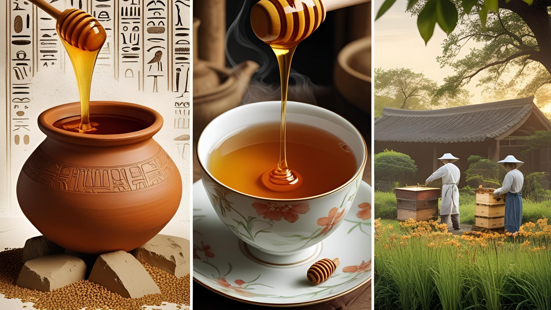 Variety of traditional honey jars and dishes from different cultures on a wooden table