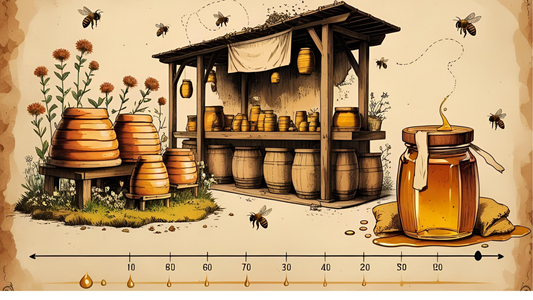 Ancient-style honey pot with honey dipper next to historical artifacts and scrolls