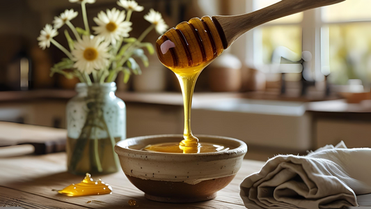 Raw honey being drizzled in a bowl on a kitchen table