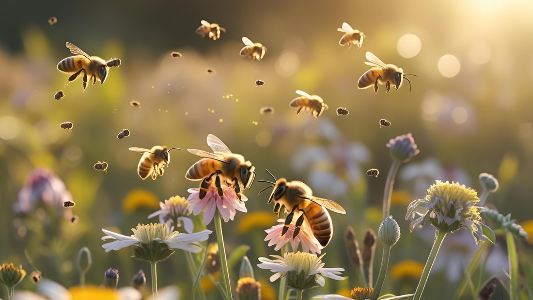 Bee pollinating a flower in a vibrant meadow, highlighting pollination in nature