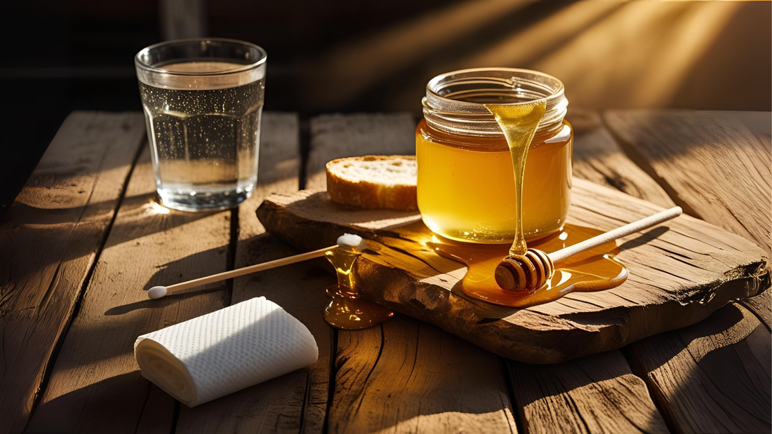 Flat lay of honey authenticity test setup with a glass of water, honey jar, spoon, and slice of bread on a rustic wooden table