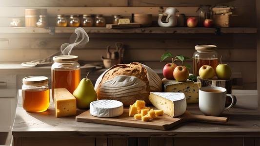 Assortment of dishes like toast, yogurt, and tea topped with raw honey in a cozy kitchen