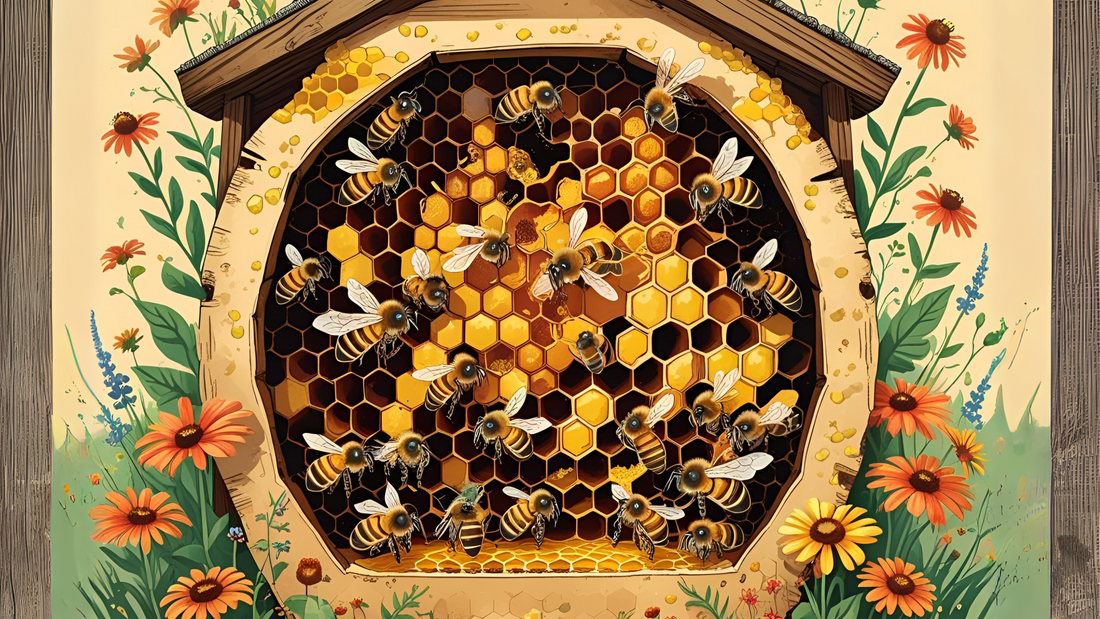 Close-up of bees working inside a hive with visible honeycomb structure