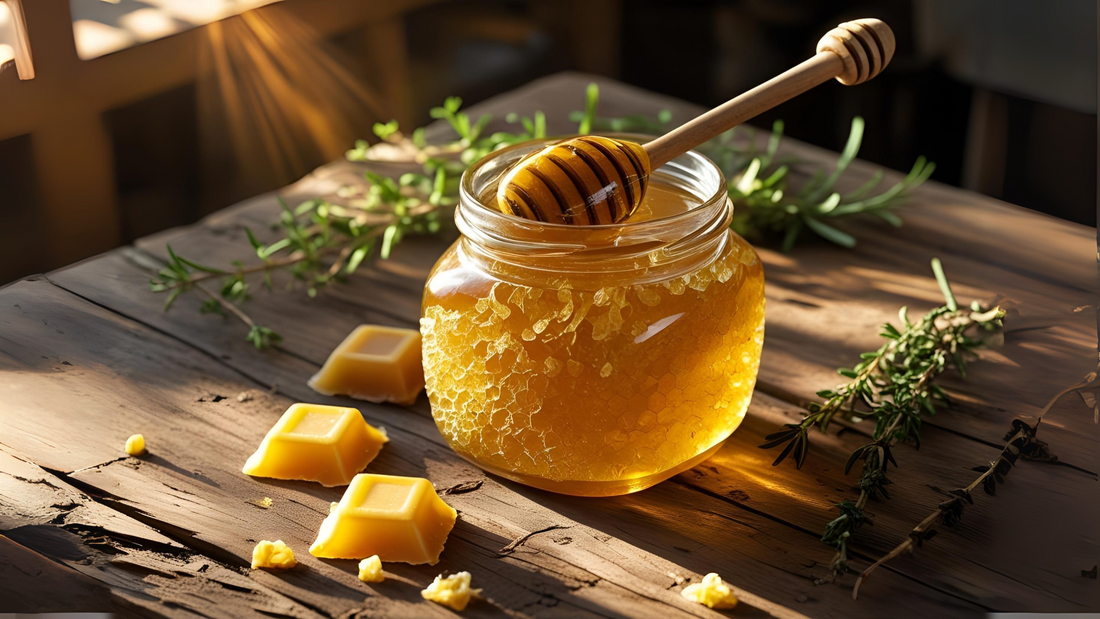 Jar of partially crystallized honey with visible sugar crystals on the rim and spoon