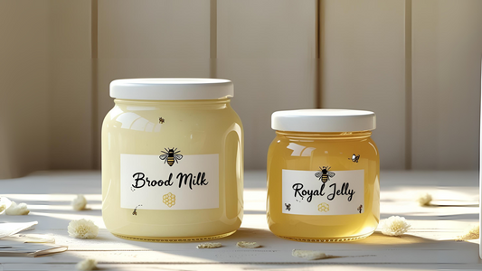 Side-by-side jars labeled Brood Milk and Royal Jelly on a rustic table, styled for wellness comparison in soft lighting