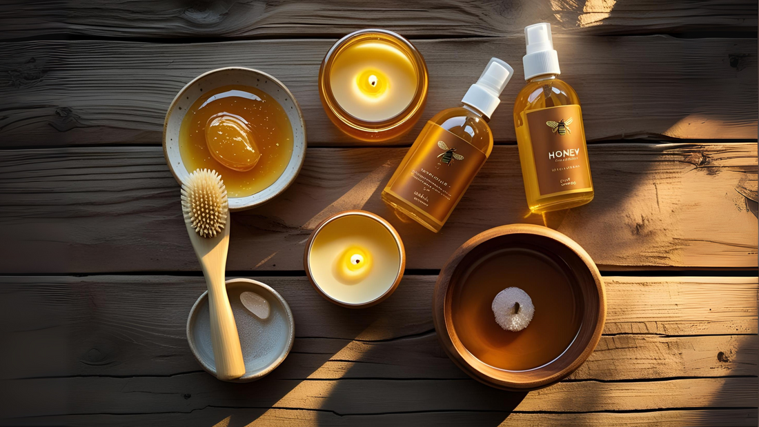 Raw honey jar surrounded by skincare items and candles on a bathroom counter