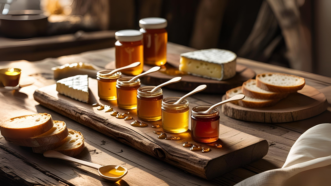 Person sampling raw honey with a wooden dipper and tasting spoon on a rustic table