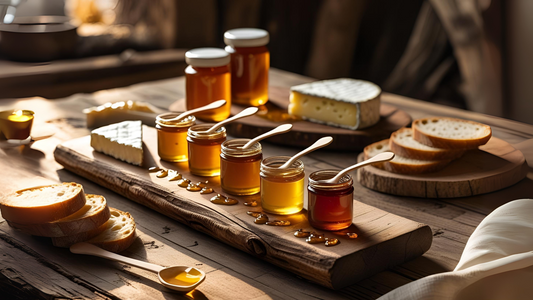 Person sampling raw honey with a wooden dipper and tasting spoon on a rustic table