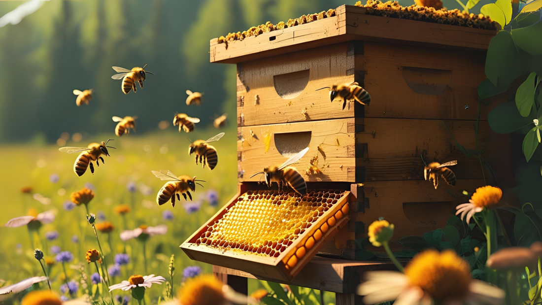 Bees inside a hive performing a waggle dance on honeycomb frames