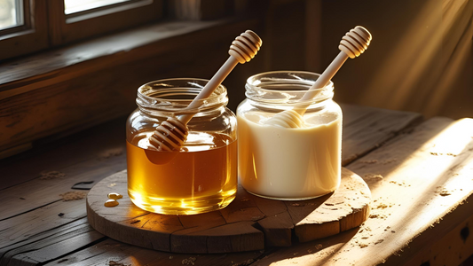 Side-by-side jars of creamed honey and liquid honey on a kitchen counter