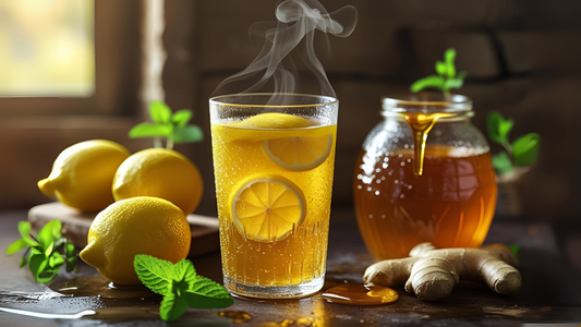 Glass mug of hot lemon honey drink with lemon slices and honey jar on the side