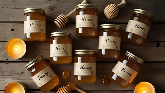 Close-up of assorted honey jars with labels showing origin and ingredients