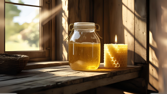Glass jar of raw honey on a wooden shelf with a tight-sealed lid in a pantry