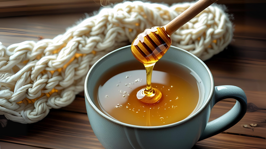 Jar of raw honey with dipper next to fresh ginger and a steaming cup of tea