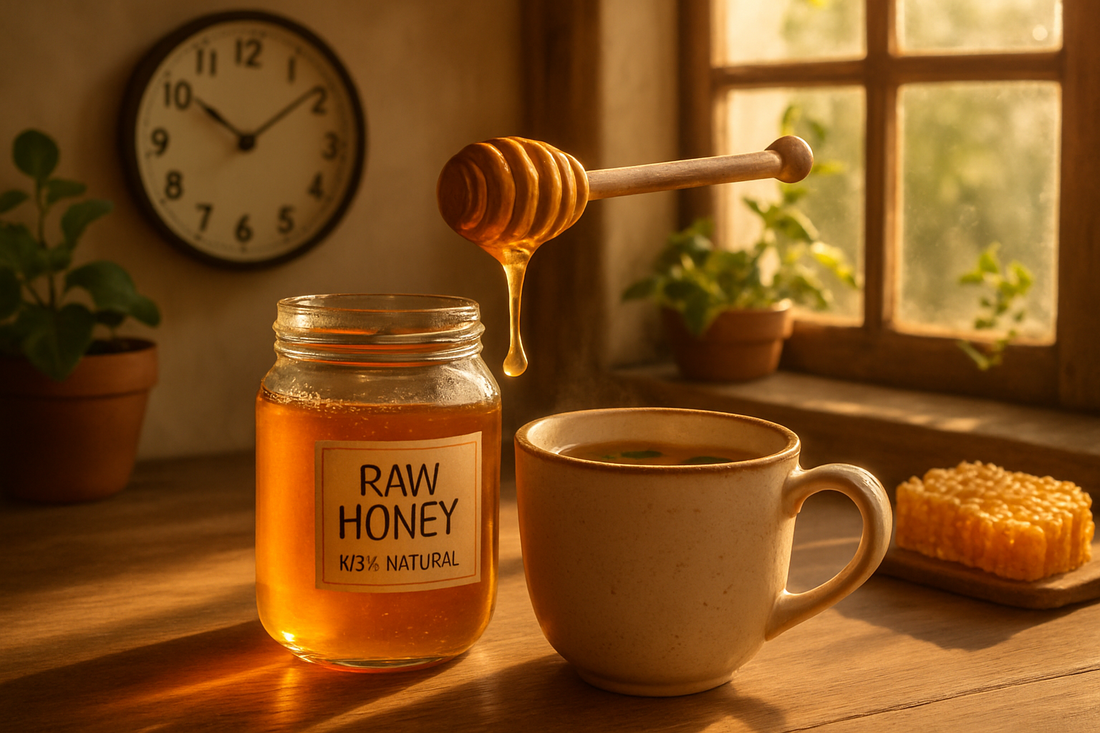 A jar of raw honey with a wooden dipper drizzling into a tea cup, captured in soft morning light — ideal for illustrating the best time to consume honey for health benefits.