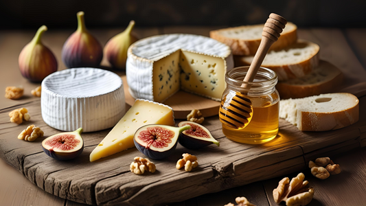 Charcuterie board with cheeses, nuts, fruits, and a bowl of honey