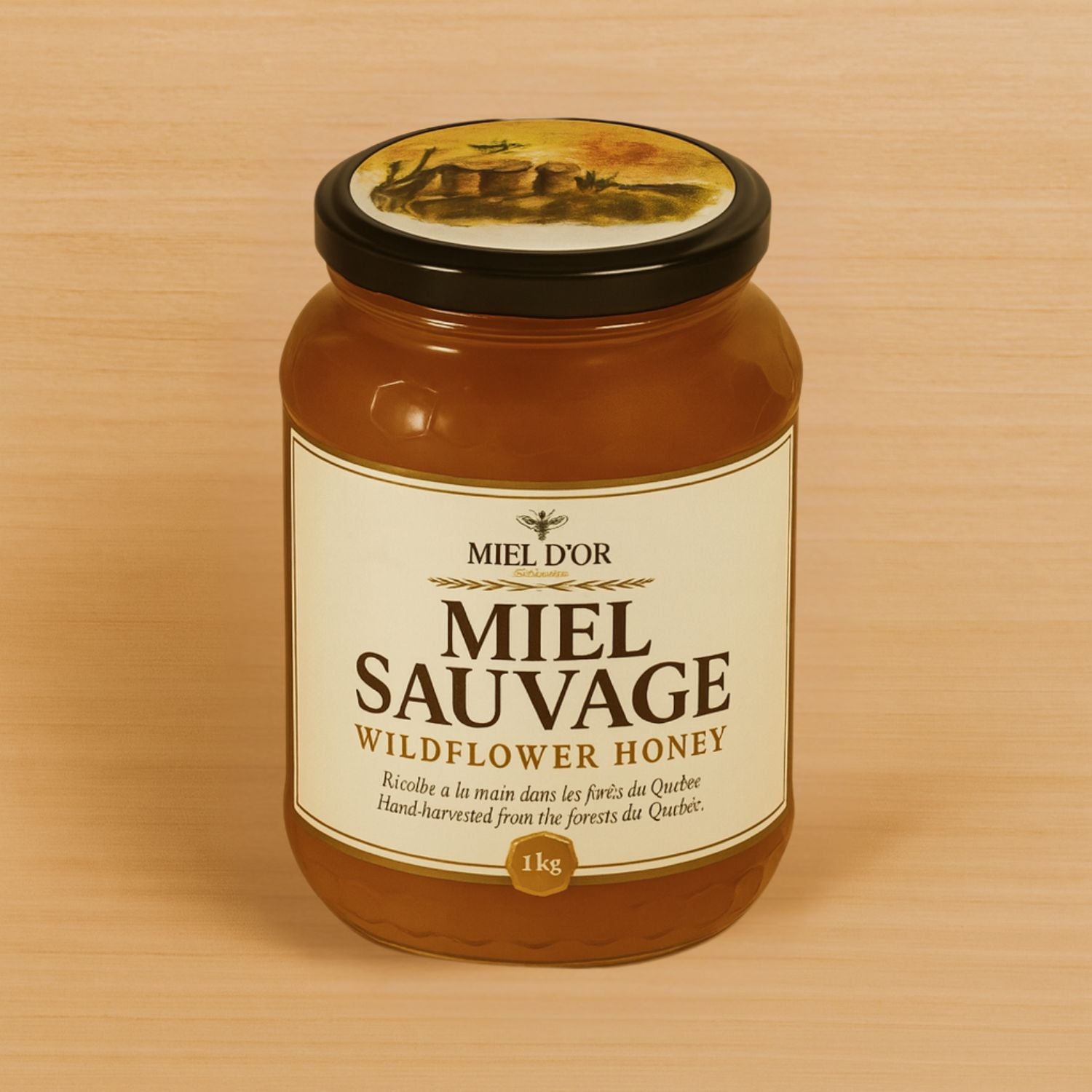Jar of Miel D'or Wildflower Honey on a wooden surface