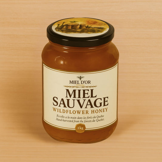Jar of Miel D'or Wildflower Honey on a wooden surface