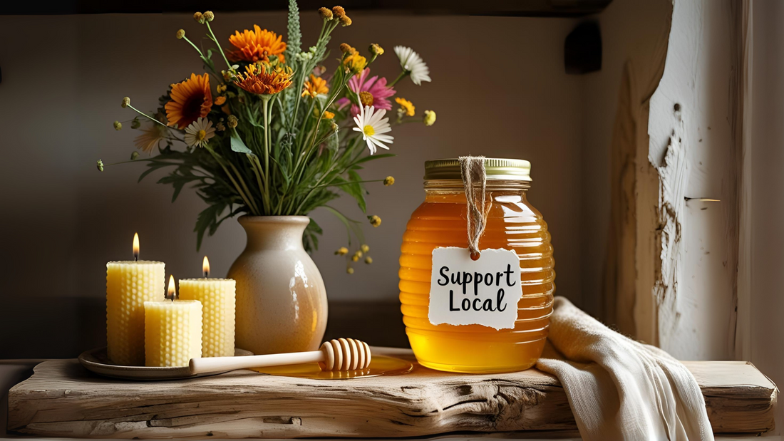 Farmer’s market stand with jars of local raw honey and handwritten labels