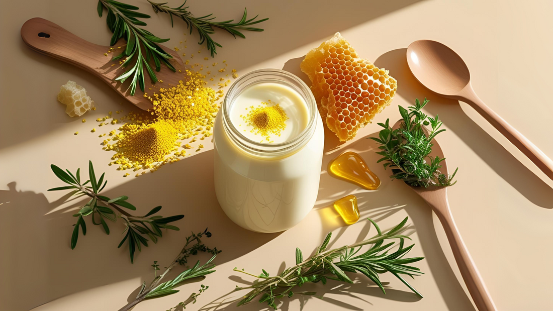 Glass bottle of drone homogenate milk surrounded by bee pollen and fresh herbs on a natural light wooden countertop
