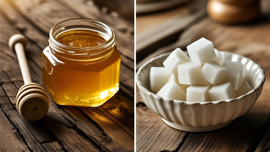 Spoonful of honey dripping next to a pile of white sugar cubes