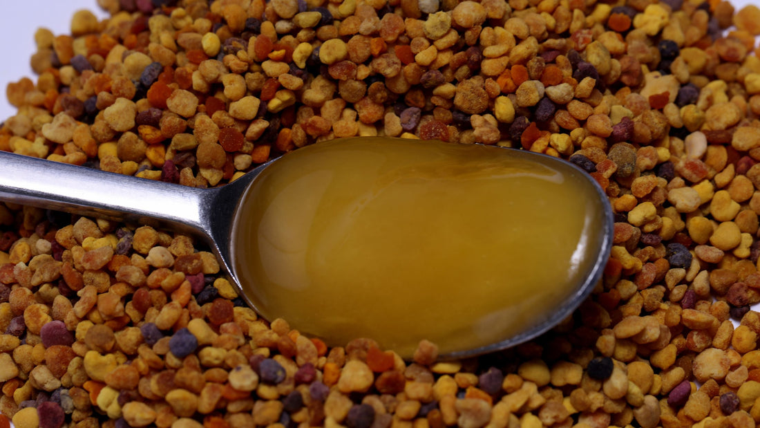 spoon of honey laying on bee pollen
