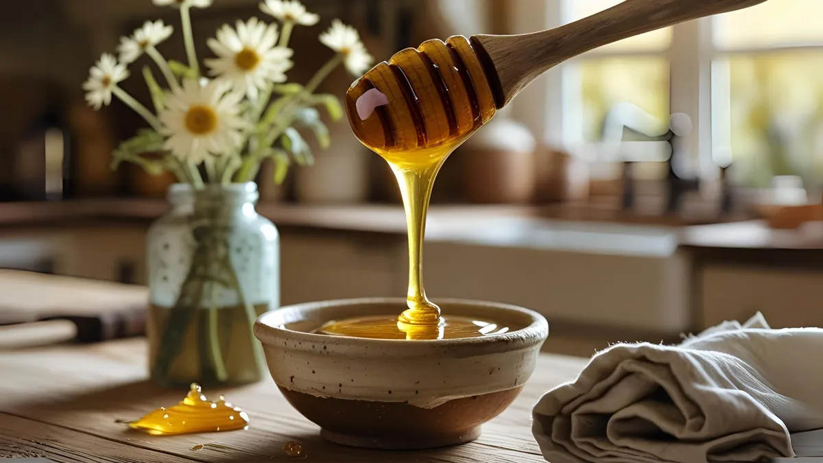 A jar of raw honey with a dipper
