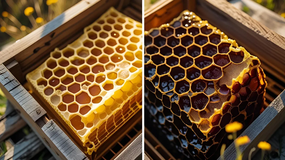 Un rayon de miel jaune à côté d'un rayon de miel plus foncé